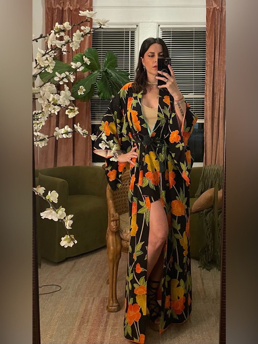 Real silk vintage Japanese kimono goth girl floral black orange autumn flowers